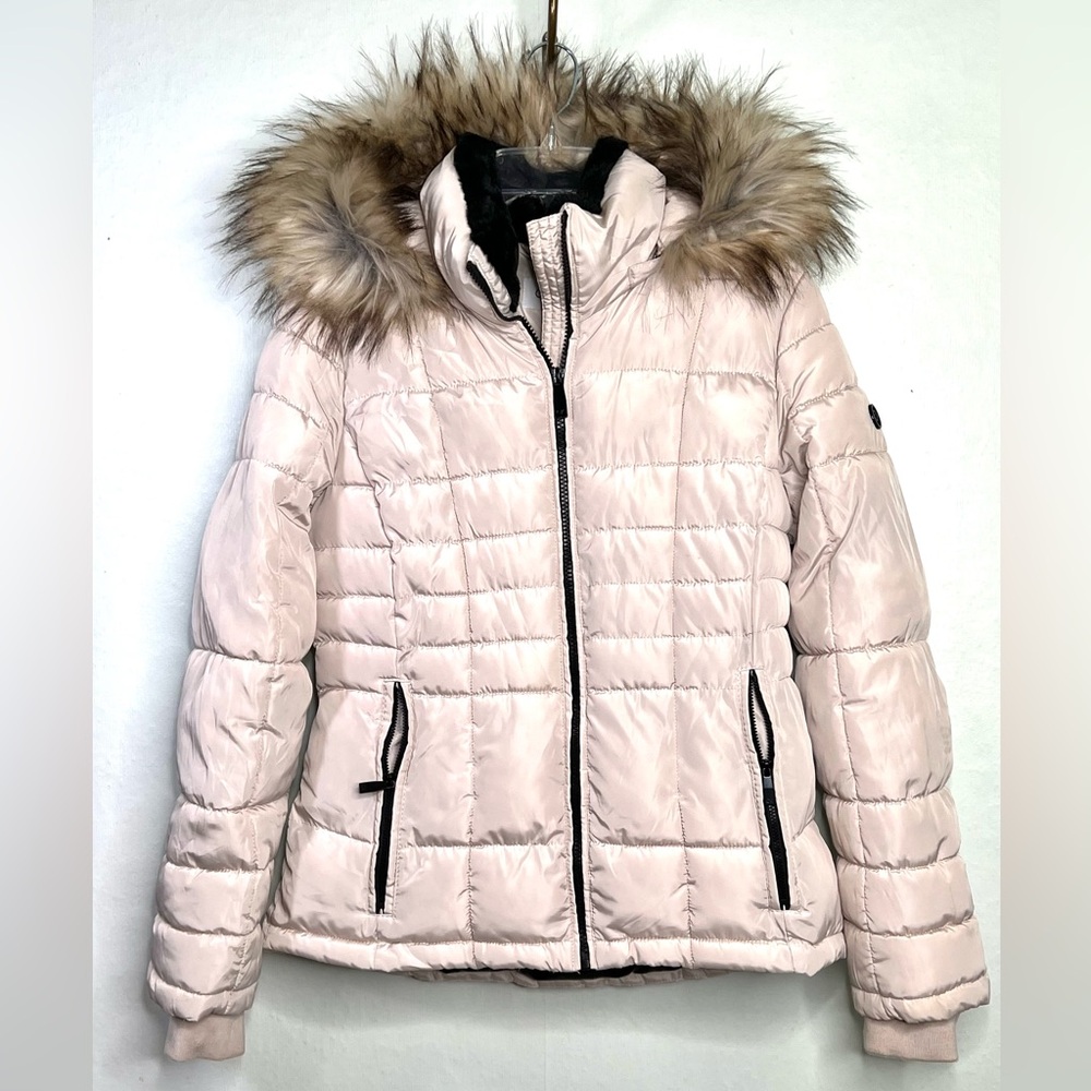 Calvin Klein Women's Cream Puffer Jacket Faux Fur Lined Detachable Hood Sz. Sm.